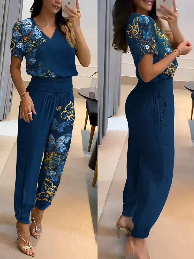 Women's Two-Piece Set – V-Neck Short Sleeve Top & Elastic Waist Pants – Relaxed Fit