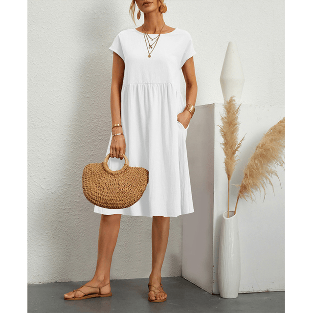 Women's Cotton Linen Short Sleeve Midi Dress