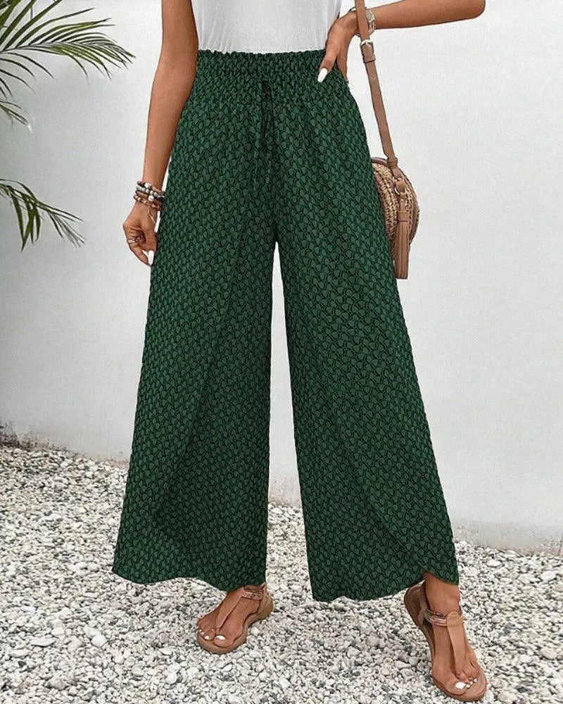 Women's Wide-Leg Trousers - High Waist - Elastic Drawstring - Flowy Lightweight