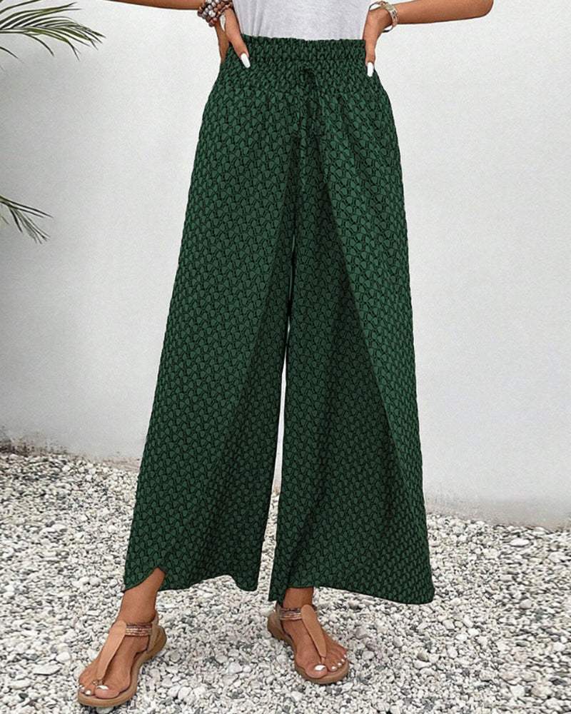Women's Wide-Leg Trousers – High Waist Elastic Fit – Lightweight Flowy Fabric – Patterned Design