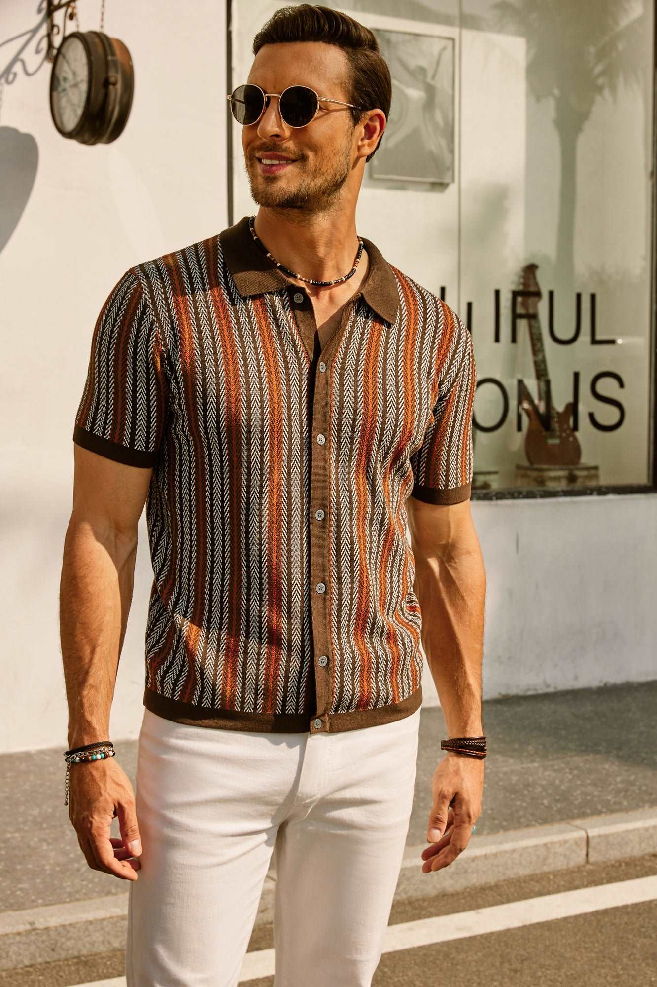 Men’s Polo Shirt – Slim Fit – Retro Stripe – Lightweight Cotton Blend – Short Sleeve