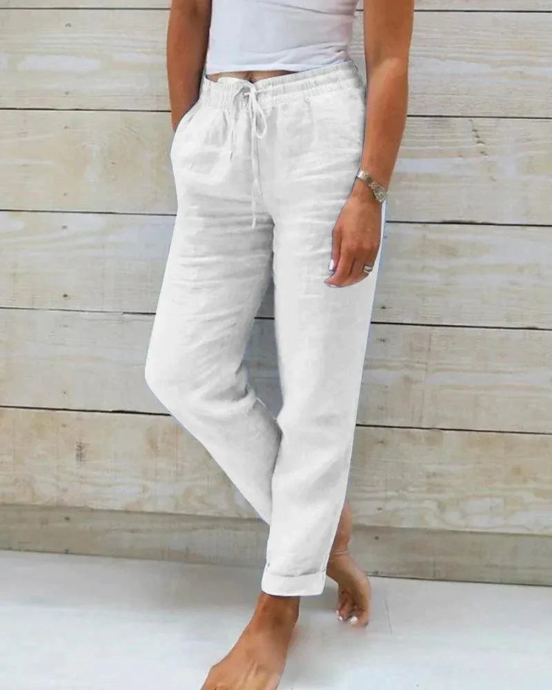 Women's Trousers - Cotton - Relaxed Fit - Elastic Waist with Drawstring - Lightweight