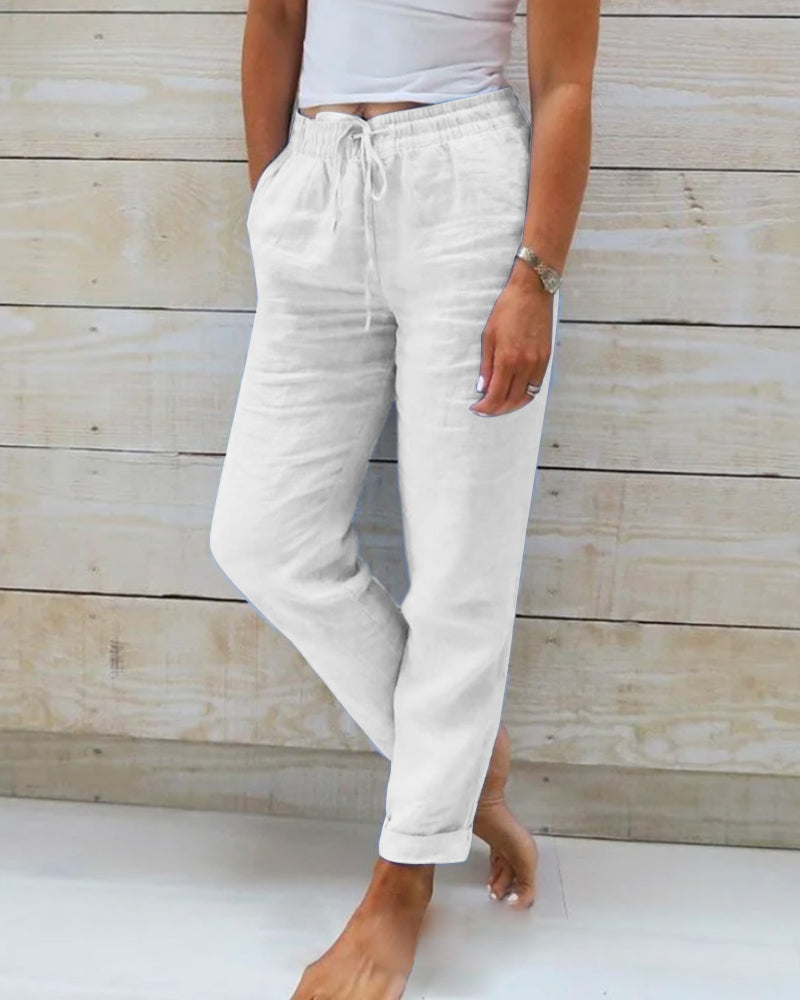 Women's Relaxed Fit Trousers - Elastic Waist - Breathable Drawstring Casual Wear