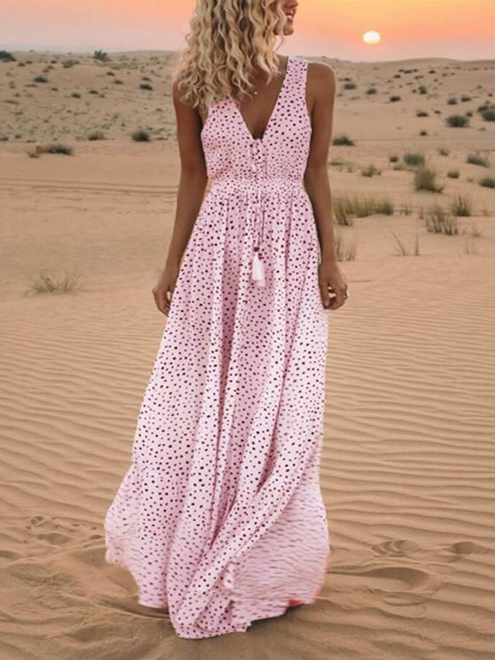 Women's Maxi Dress - V Neck - Sleeveless - Lightweight Flowy Fit - Waist Tie Detail