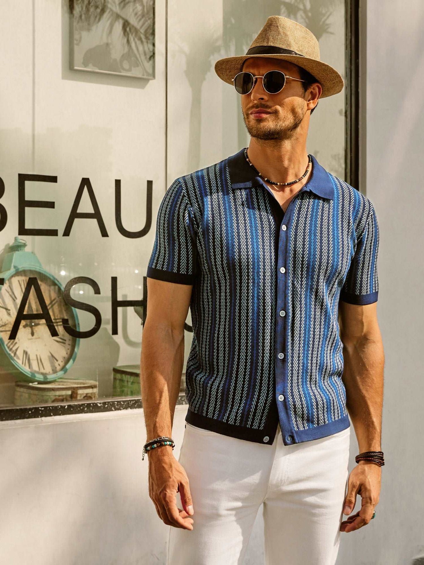 Men’s Polo Shirt – Slim Fit – Retro Stripe – Lightweight Cotton Blend – Short Sleeve