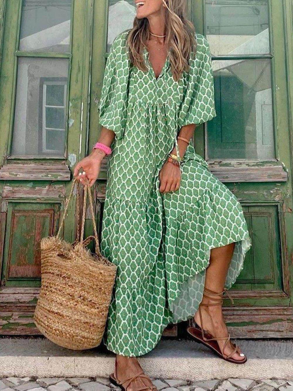 Women’s Maxi Dress – V-Neck – Tiered Skirt – Loose Fit – Lightweight Casual Style