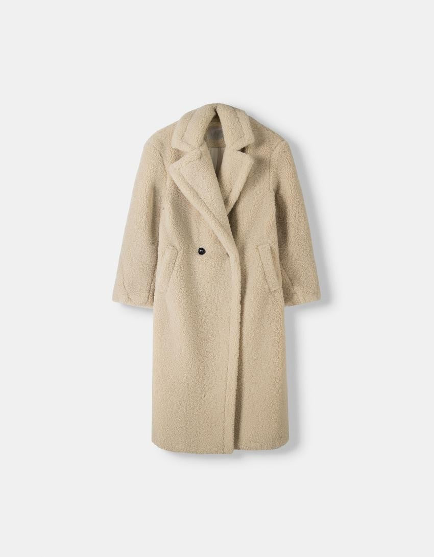 Women’s Teddy Coat – Oversized Fit – Faux Shearling – Double-Breasted – Long Length