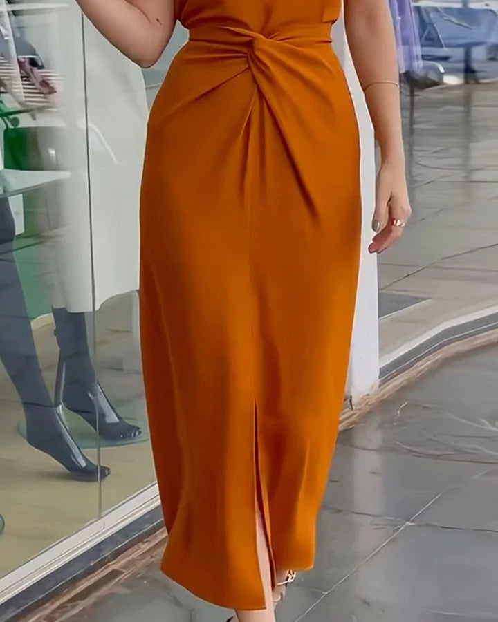 Women's Midi Dress - Halter Neck - Fitted Waist - Twist Knot Detail - Front Slit