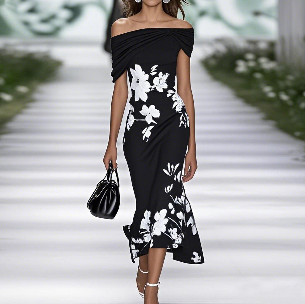 Women’s Midi Dress – Off Shoulder – Fitted Waist – Floral Print – Breathable Blend