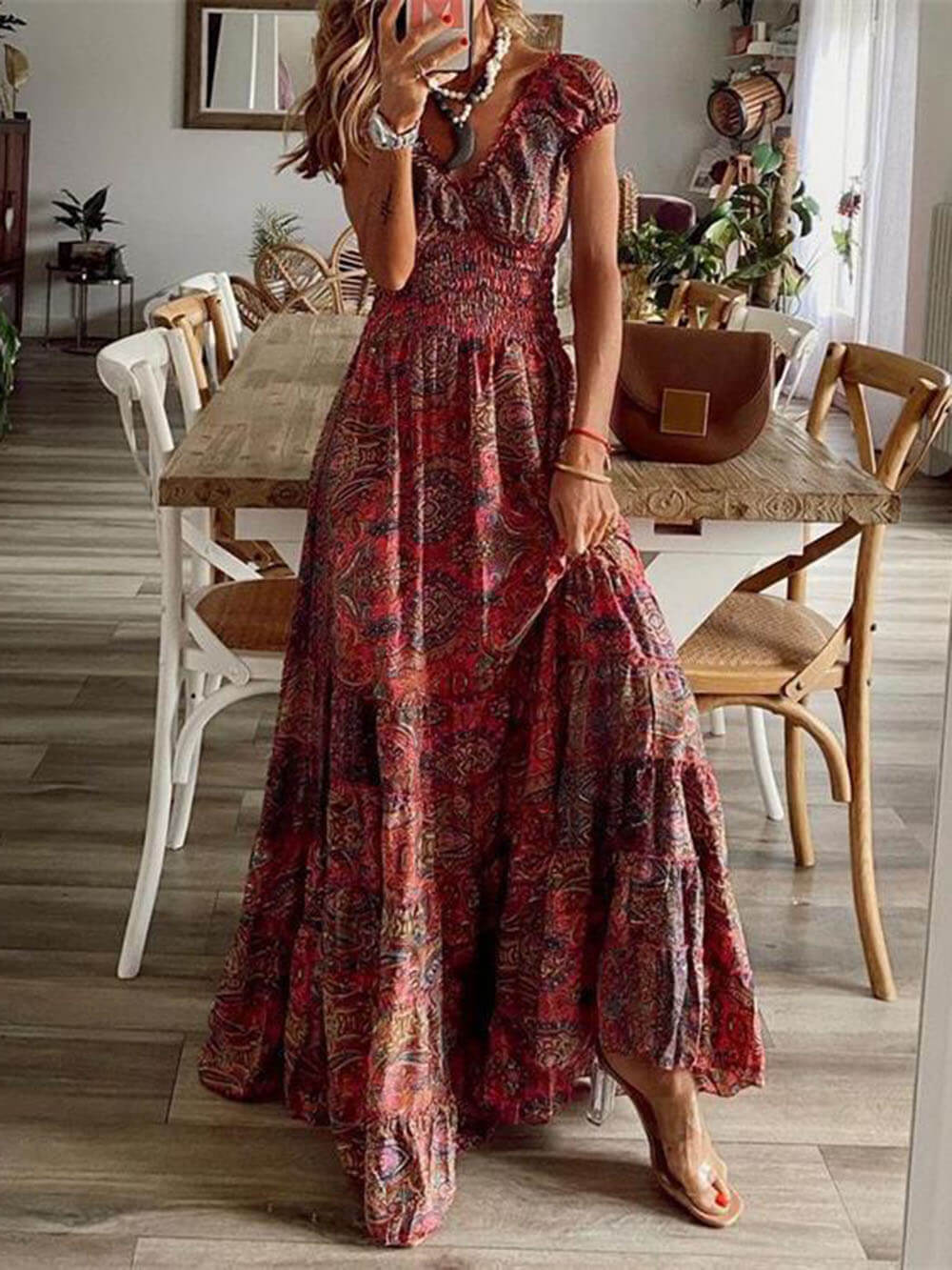 Women’s Maxi Dress - Smocked Bodice - Puff Sleeve - Lightweight Boho Style