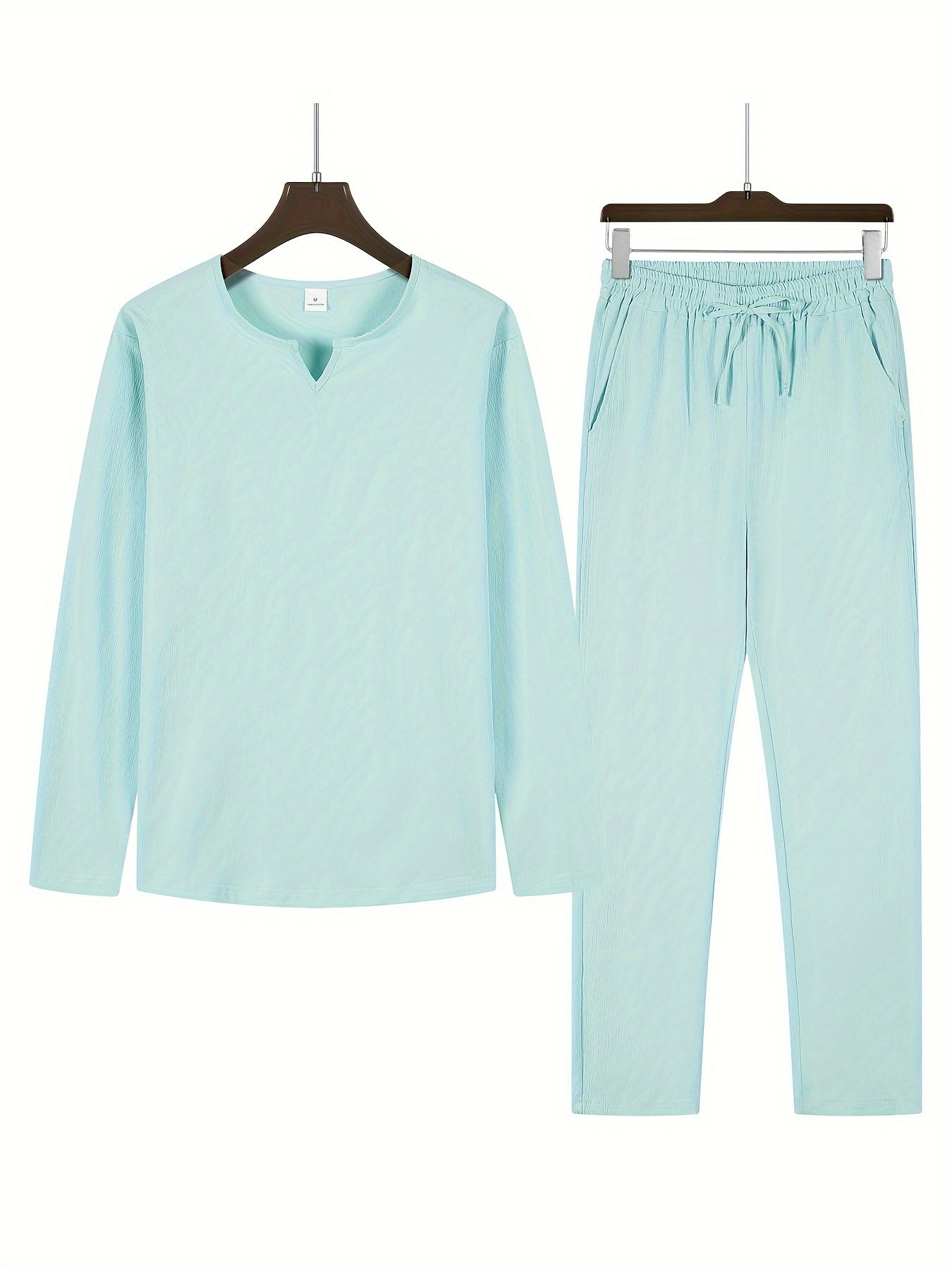 Men's Casual Two-Piece Outfit - V-Neck Long Sleeve Top & Relaxed Fit Trousers