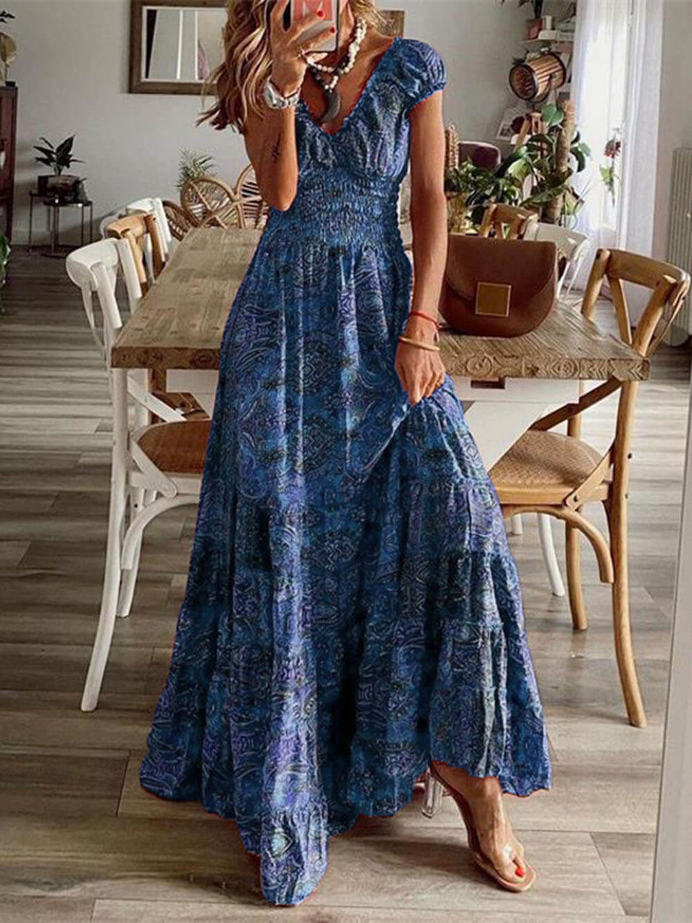 Women’s Maxi Dress - Smocked Bodice - Puff Sleeve - Lightweight Boho Style