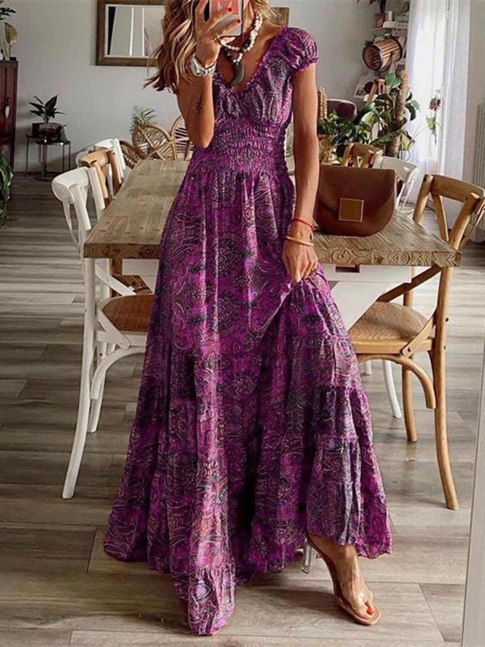Women’s Maxi Dress - Smocked Bodice - Puff Sleeve - Lightweight Boho Style