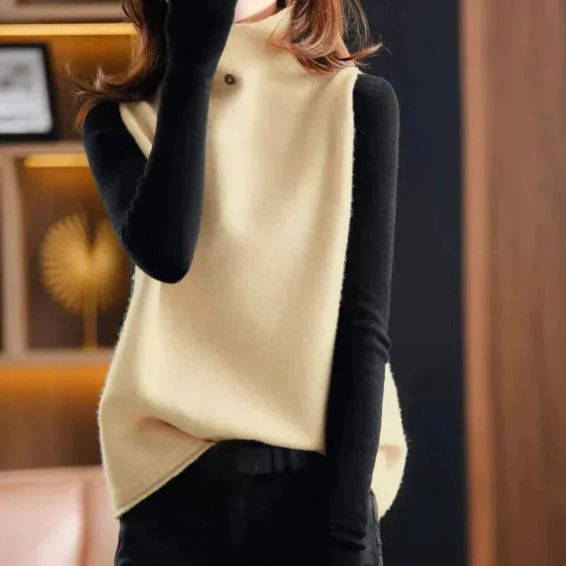 Women’s Sweater Vest – Wool Feel – Turtleneck – Relaxed Fit – Hip Length – Minimalist Style