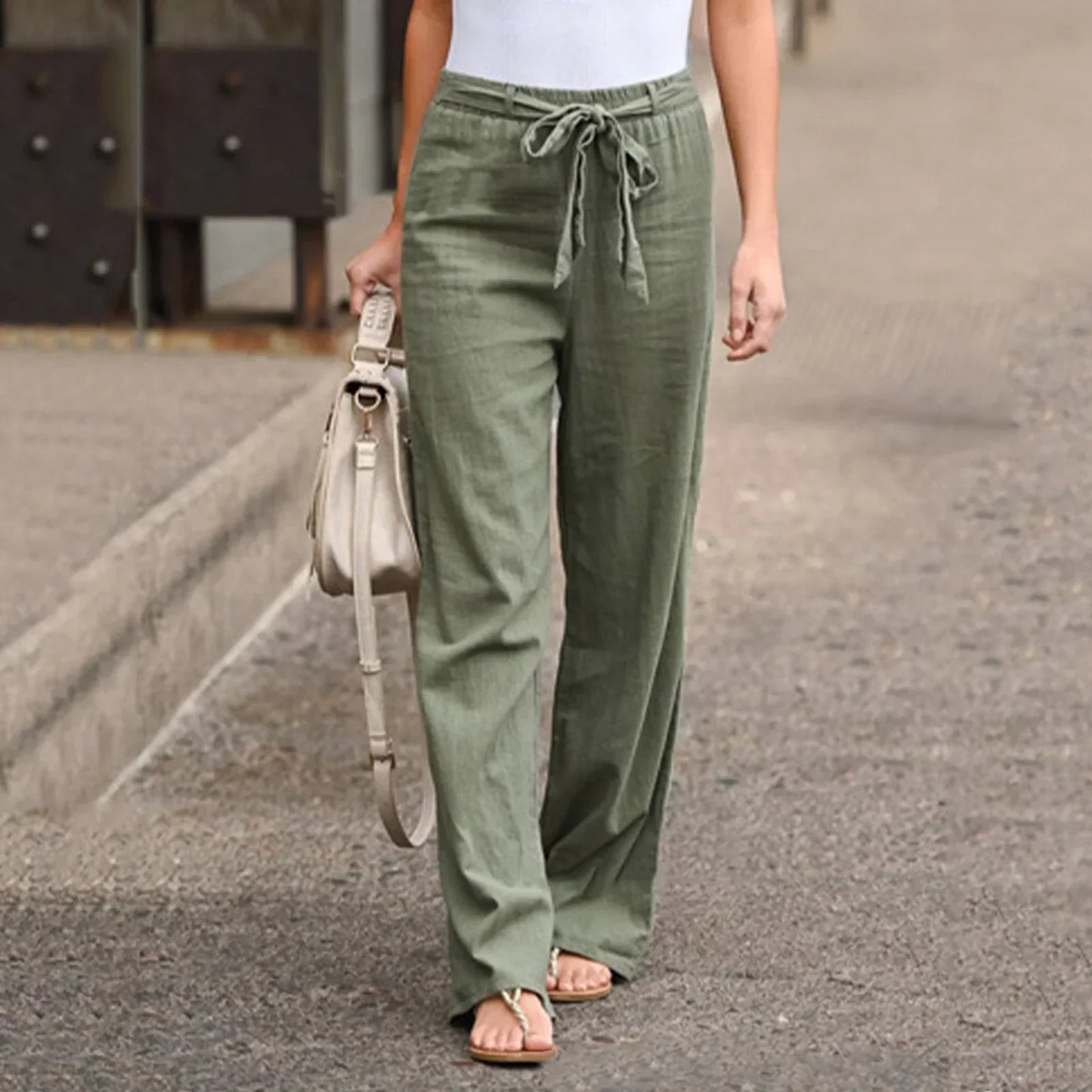Women’s Wide-Leg Trousers – High Waist – Breathable Blend – Fabric Tie Belt – Full Length