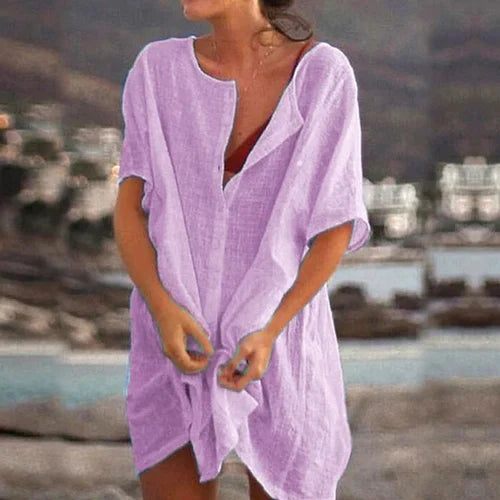 Women’s Tunic Top – Relaxed Fit – Short Sleeve – Natural Fibers – Modest Coverage