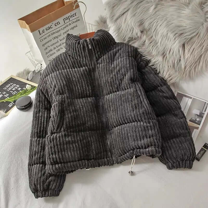 Women’s Zip-Up Jacket – Quilted Corduroy – Oversized Fit – High Collar – Elastic Cuffs
