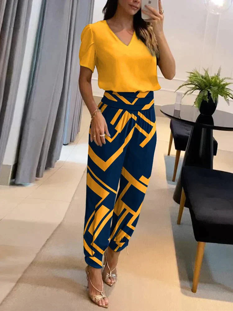 Women's Two-Piece Set – V-Neck Short Sleeve Top & Elastic Waist Pants – Relaxed Fit