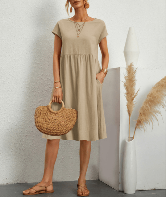Women's Cotton Linen Short Sleeve Midi Dress