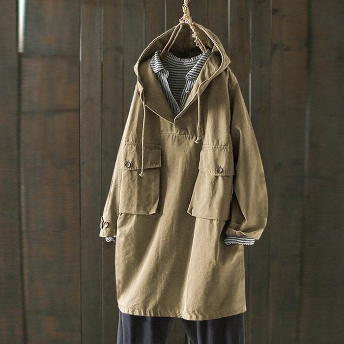 Women’s Hooded Jacket – Oversized Fit – Cotton Blend – V-Neck – Button Pockets