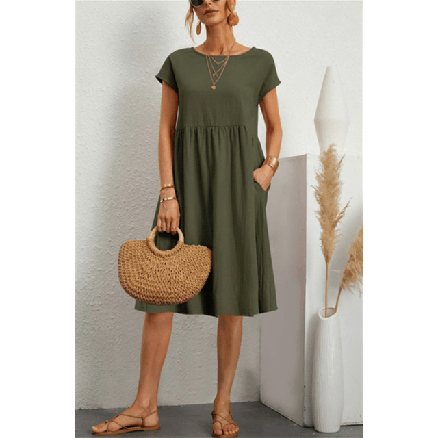 Women's Cotton Linen Short Sleeve Midi Dress