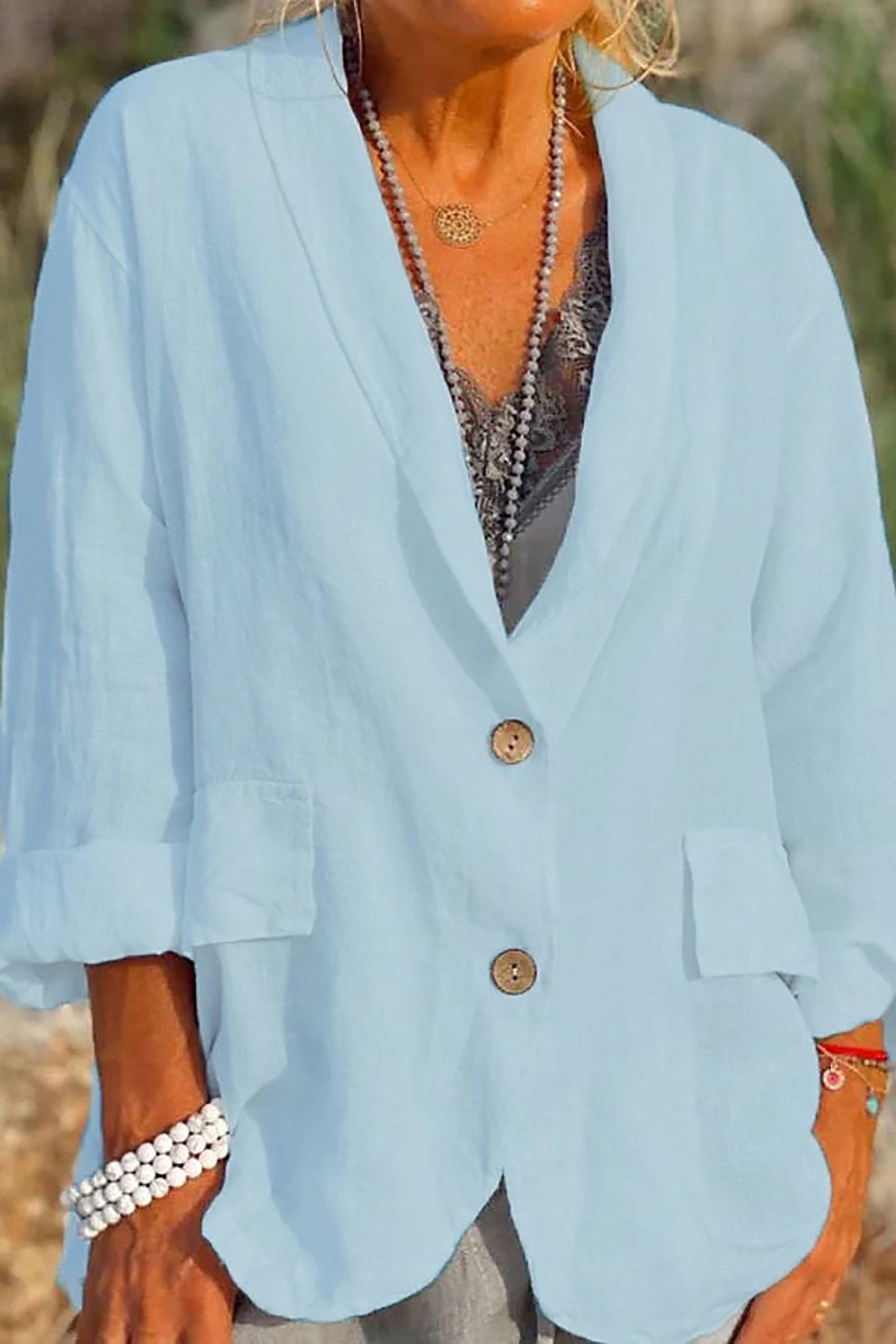 Women’s Linen Jacket – Relaxed Fit – V-Neck – 3/4 Sleeve – Button Front – Hip Length