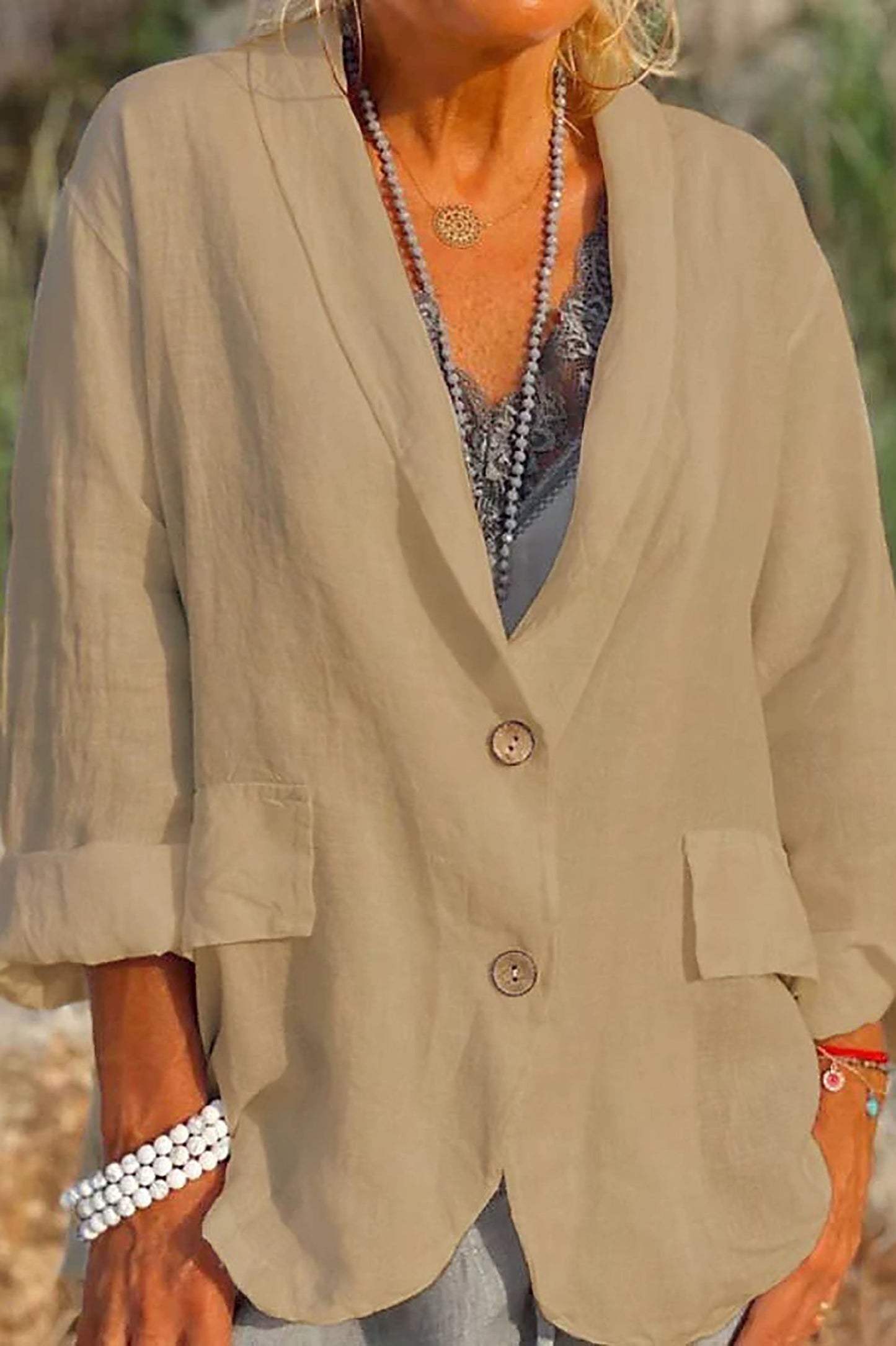Women’s Linen Jacket – Relaxed Fit – V-Neck – 3/4 Sleeve – Button Front – Hip Length