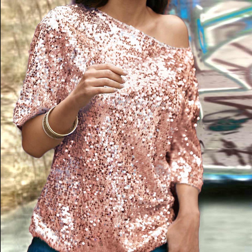 Women’s Sequin Top – Off Shoulder – Relaxed Fit – Mid Sleeve Party Wear