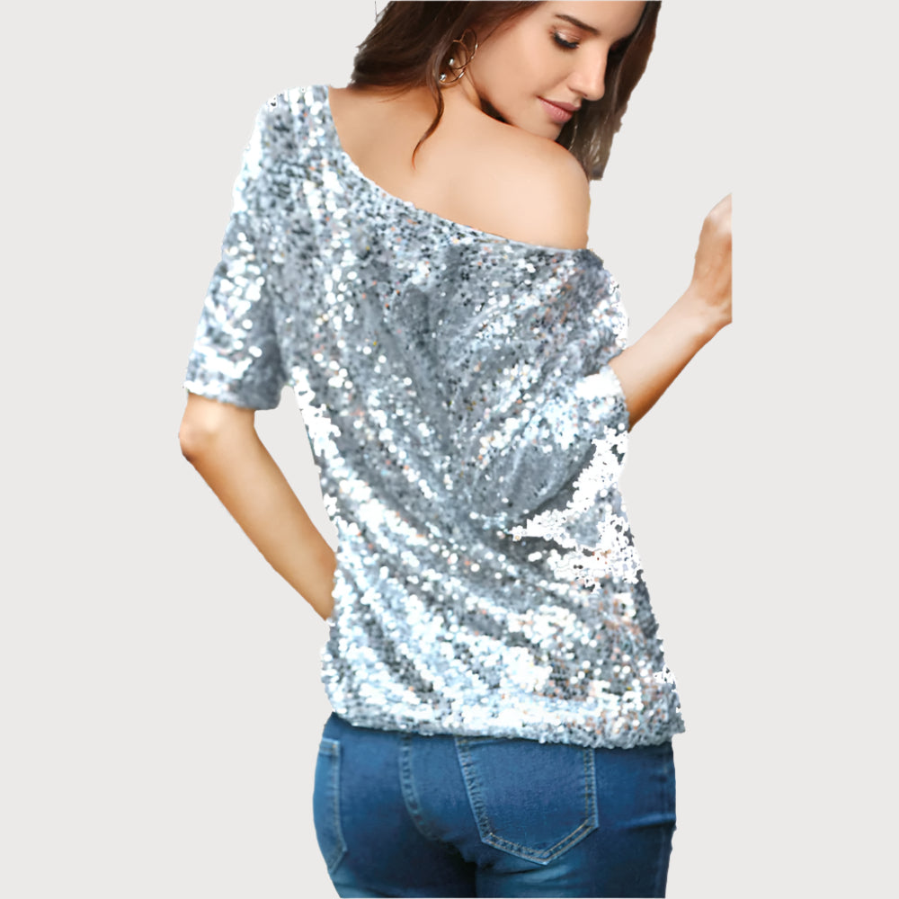Women’s Sequin Top – Off Shoulder – Relaxed Fit – Mid Sleeve Party Wear