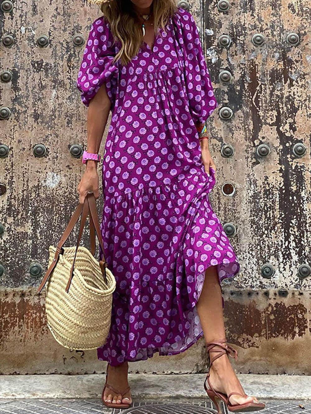 Women’s Maxi Dress – V-Neck – Tiered Skirt – Loose Fit – Lightweight Casual Style