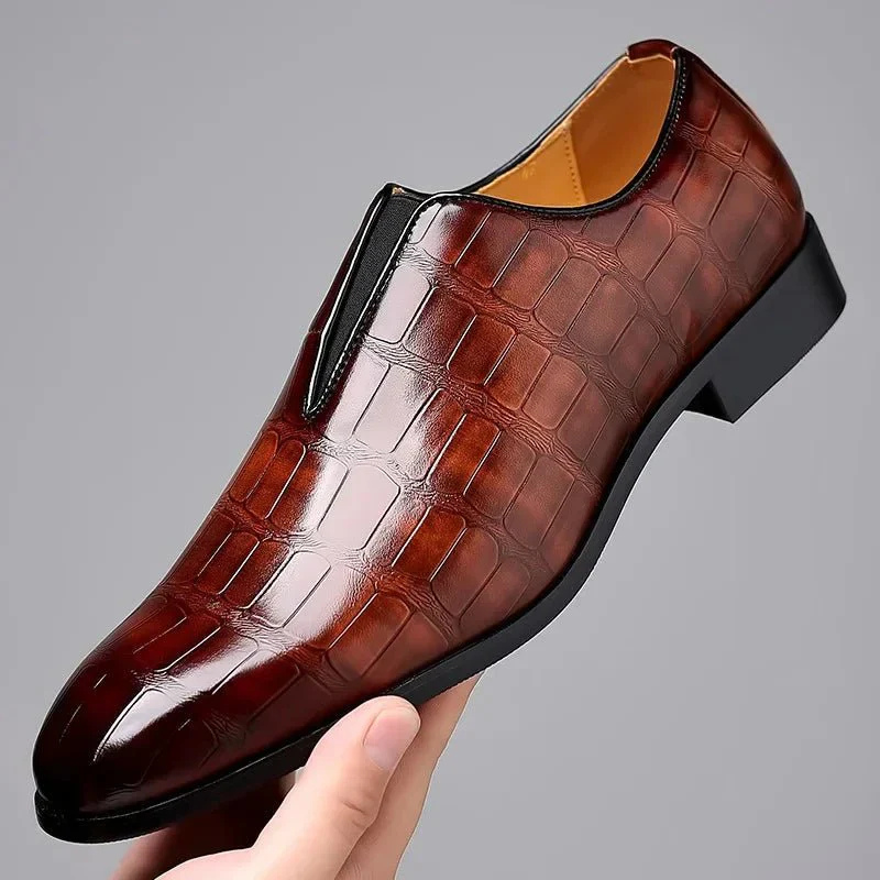 Men’s Dress Shoes – Slip-On Formal Style – Glossy Crocodile Texture – Low Top Fit