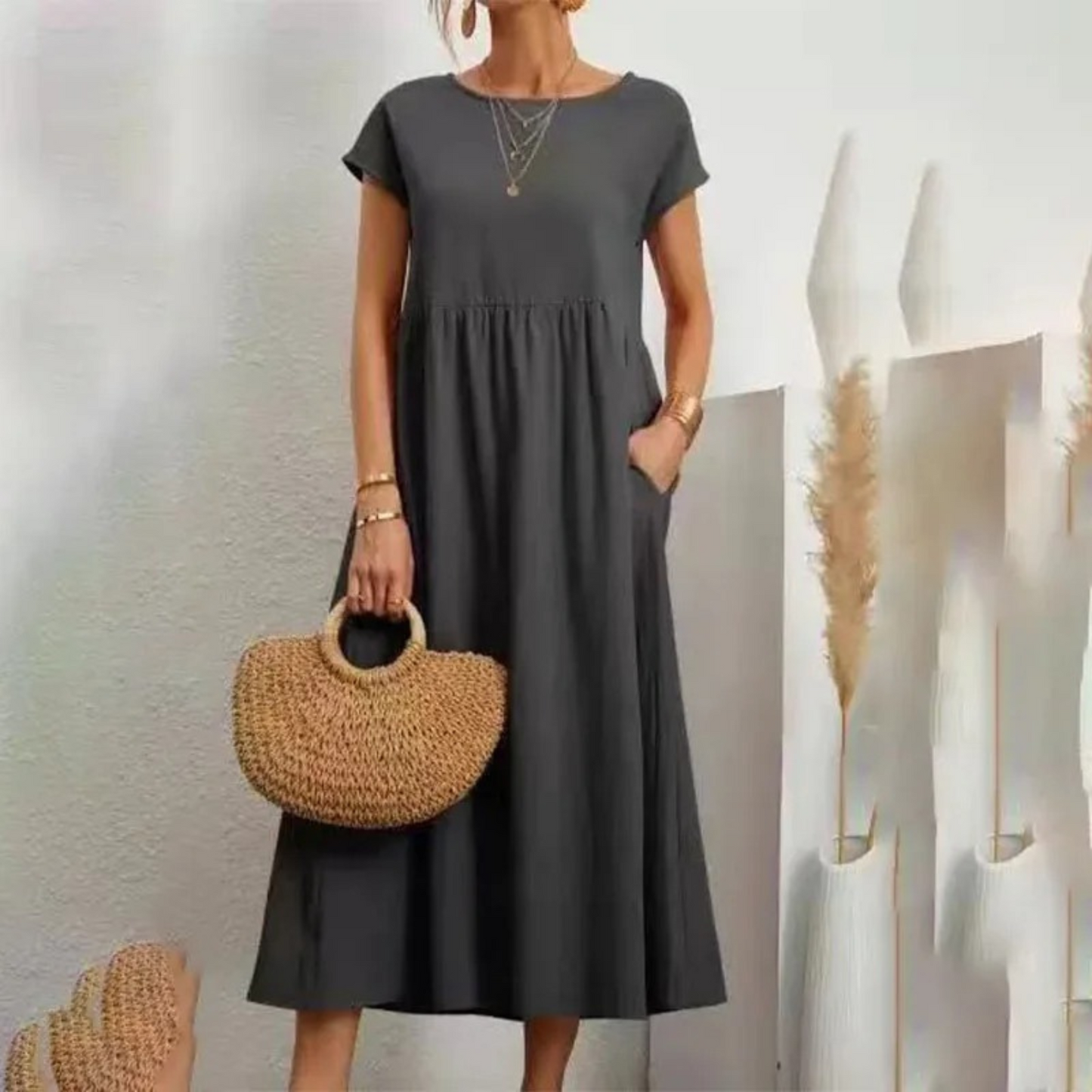 Women's Linen Maxi Dress - Short Sleeve - Round Neck - Empire Waist - Relaxed Fit