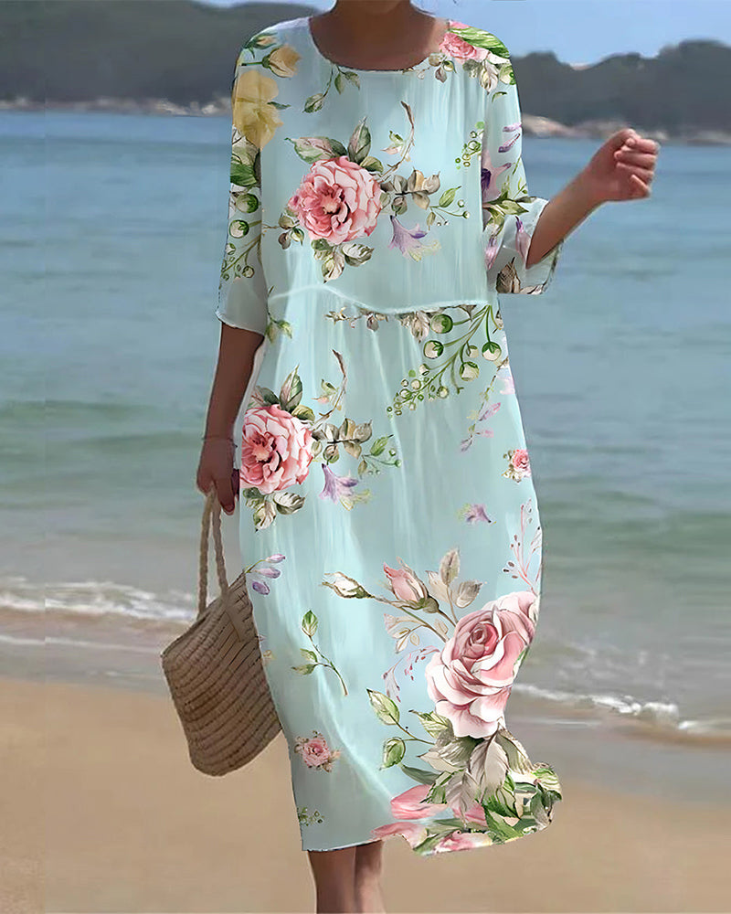 Women’s Maxi Dress – Loose Fit – Breathable Blend – 3/4 Sleeve – Round Neck