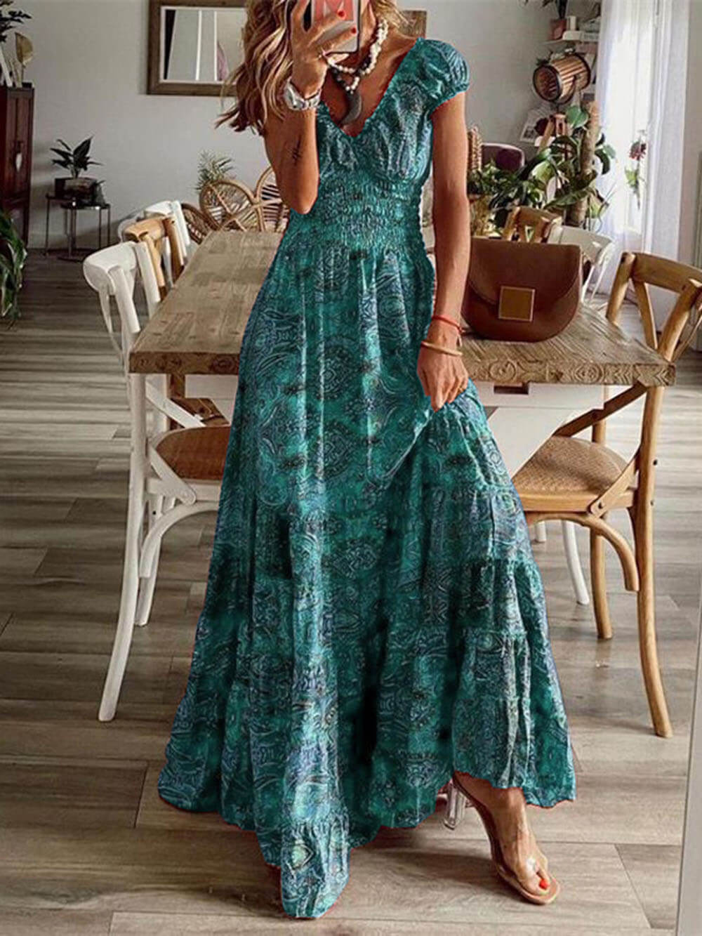 Women’s Maxi Dress - Smocked Bodice - Puff Sleeve - Lightweight Boho Style