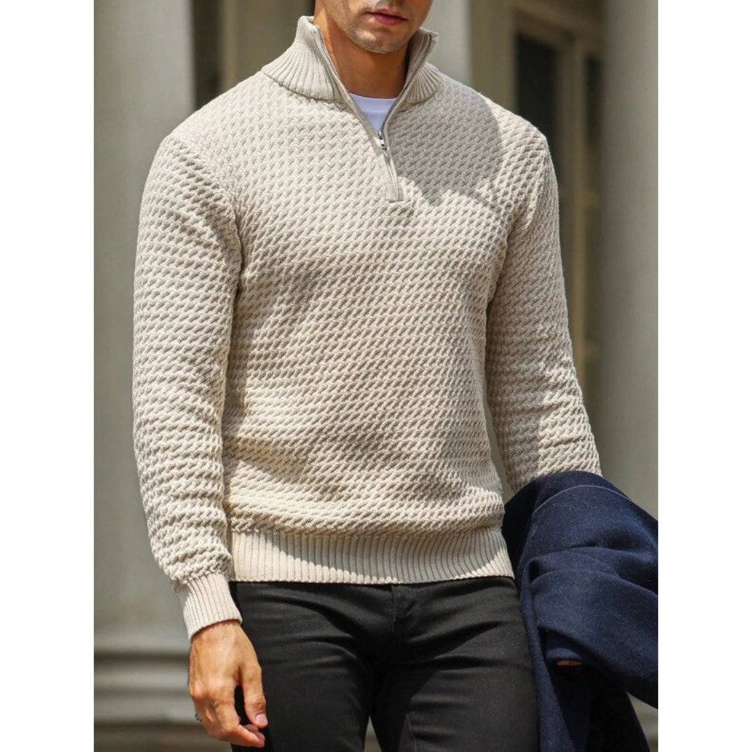 Men’s Half Zip Sweater – Textured Knit – Tailored Fit – Ribbed Trim – Soft Feel
