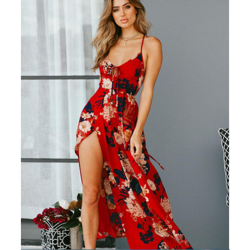 Women’s Maxi Dress – Relaxed Fit – Spaghetti Straps – Floral Print – Side Slit – Breathable Blend