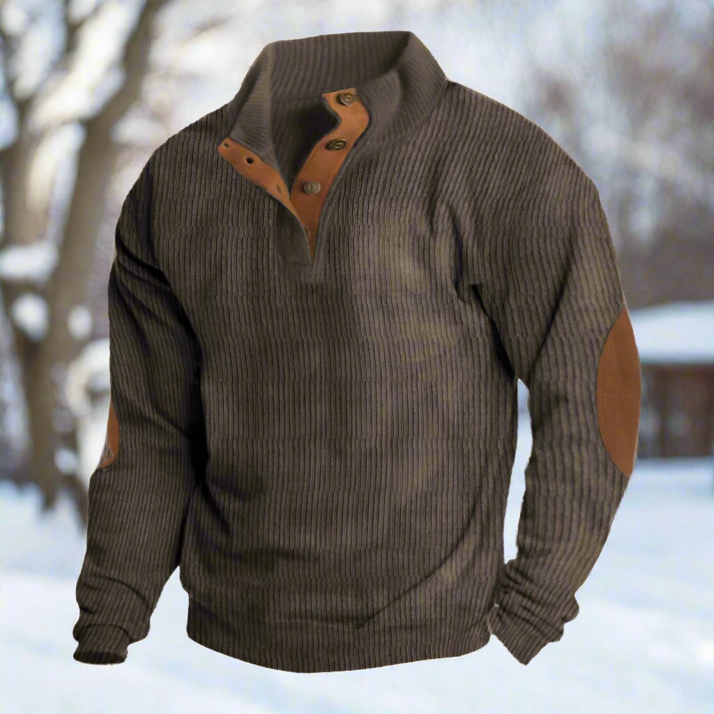 Men’s Knitted Sweater – Wool Blend – Relaxed Fit – Ribbed – Elbow Patches – Button Neck
