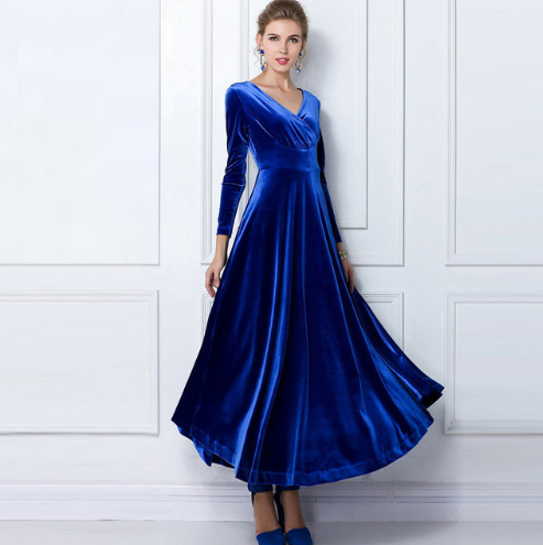 Women’s Evening Dress – Velvet Texture – A-Line Fit – Deep V-Neck – Long Sleeve