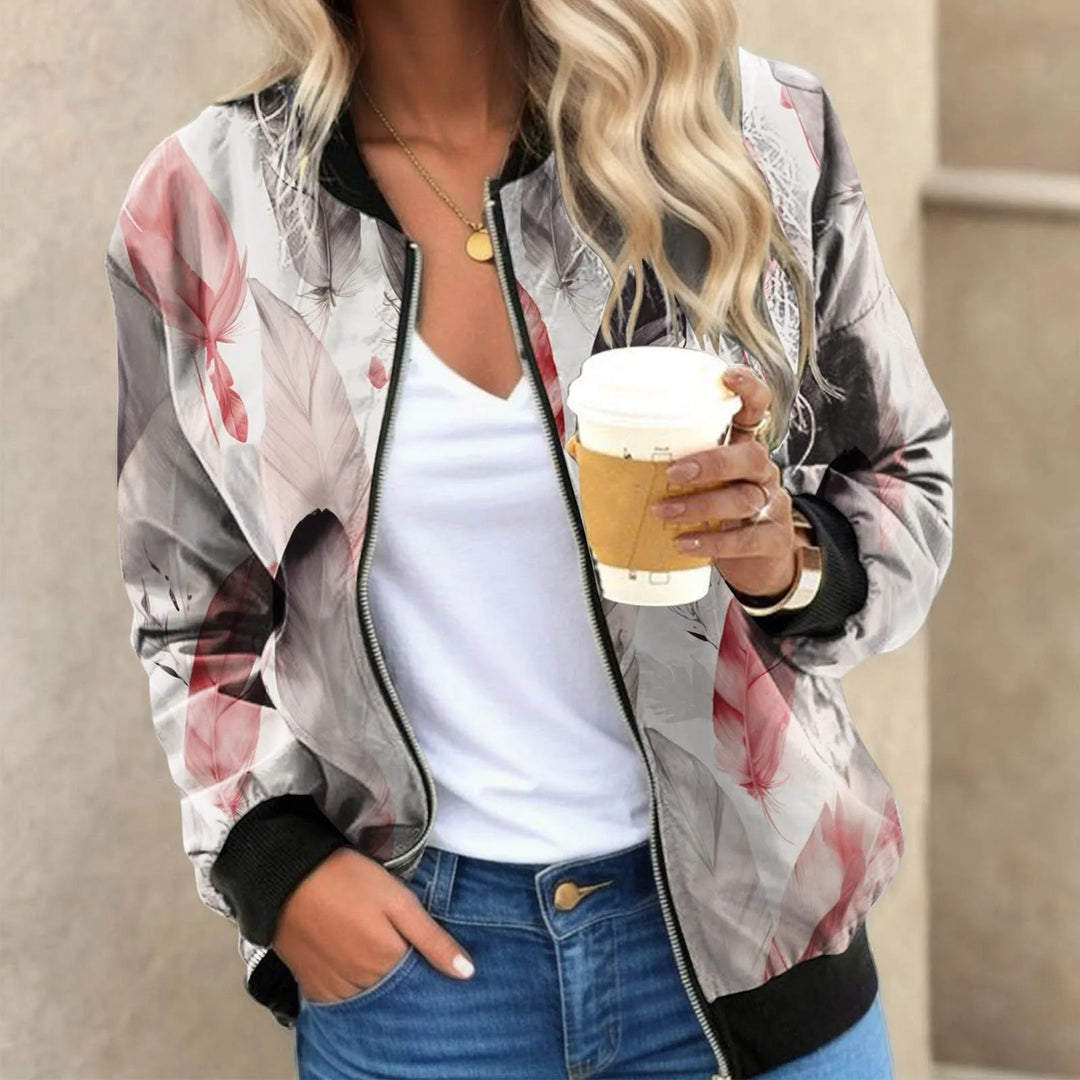Women’s Bomber Jacket – Relaxed Fit – Botanical Print – Breathable Blend – Zip Front