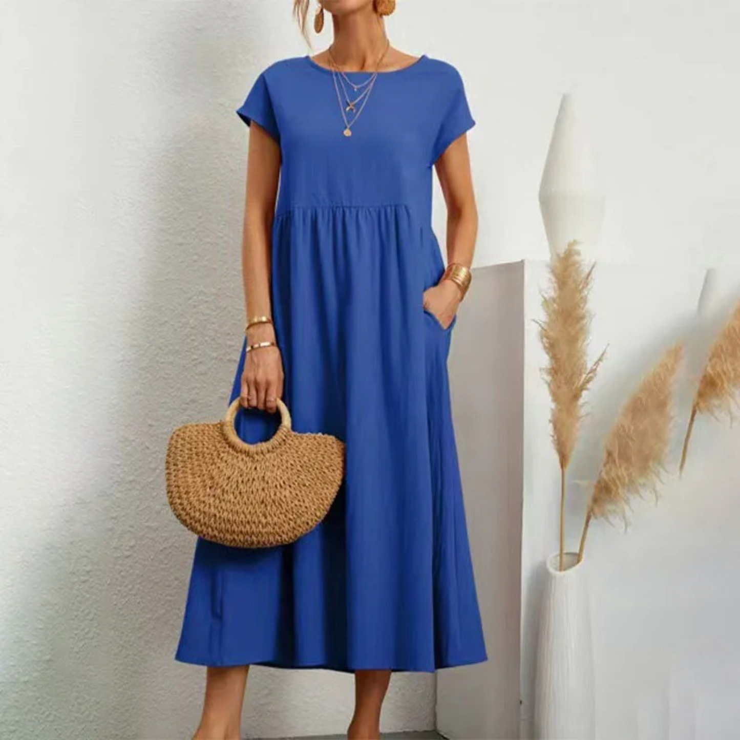 Women's Linen Maxi Dress - Short Sleeve - Round Neck - Empire Waist - Relaxed Fit