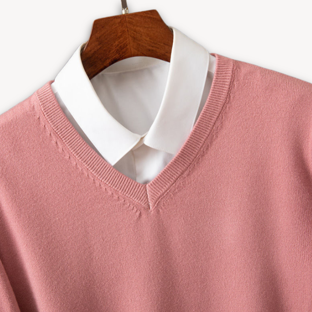 Men’s V-Neck Sweater – Slim Fit – Lightweight Cashmere – Ribbed Trim – Versatile Style