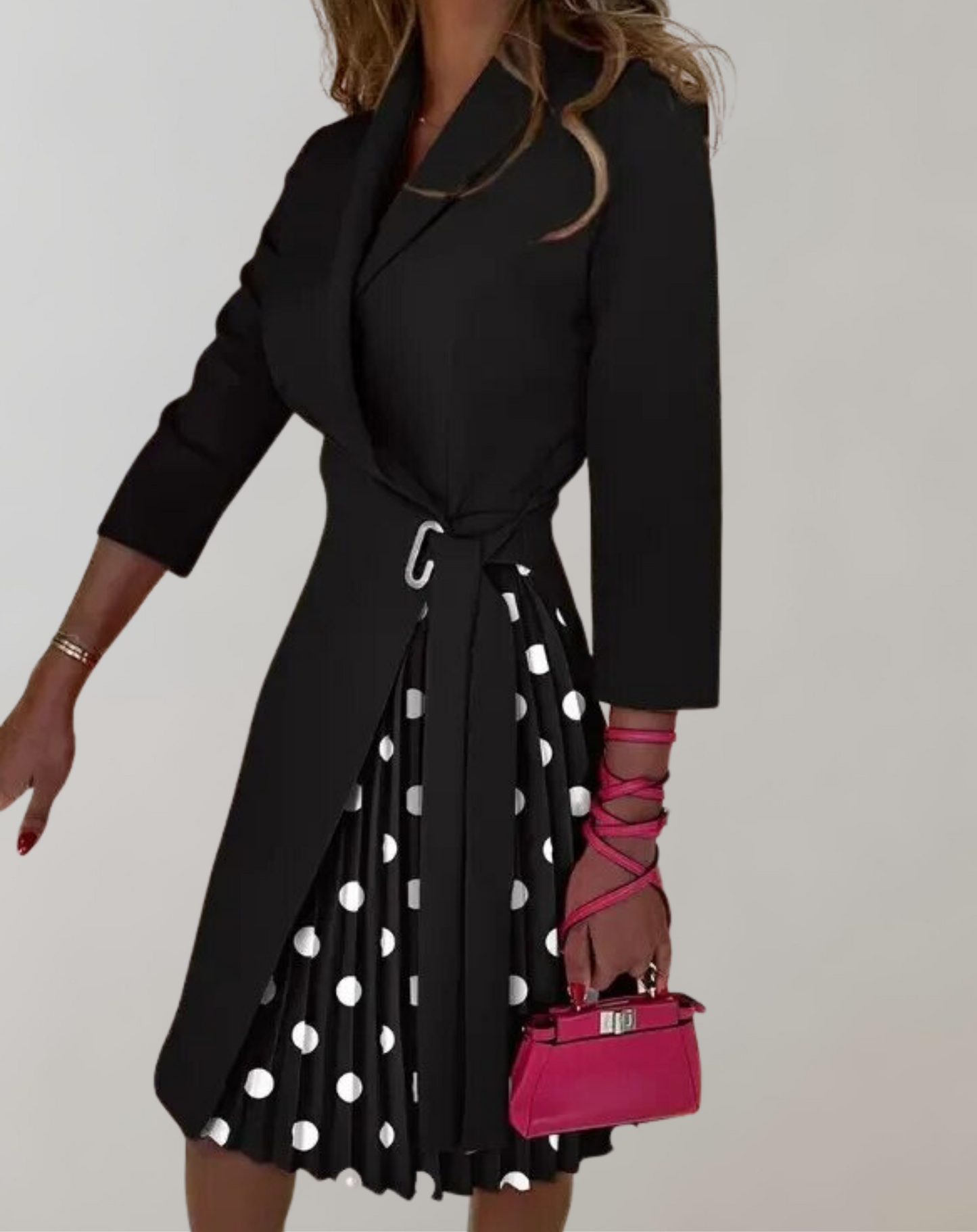 Women’s Midi Dress – Tailored Fit – Pleated Skirt – Notched Neck – Belted Waist – 3/4 Sleeve