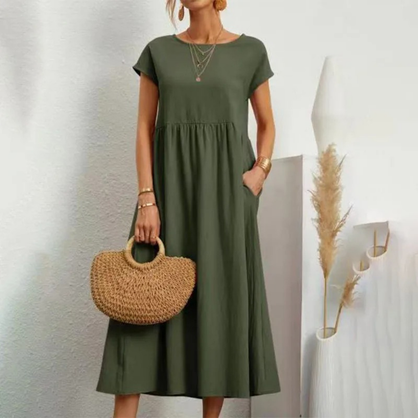 Women's Linen Maxi Dress - Short Sleeve - Round Neck - Empire Waist - Relaxed Fit