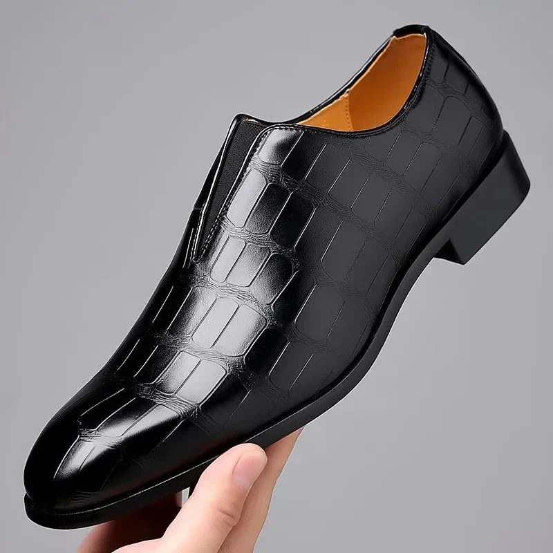 Men’s Dress Shoes – Slip-On Formal Style – Glossy Crocodile Texture – Low Top Fit
