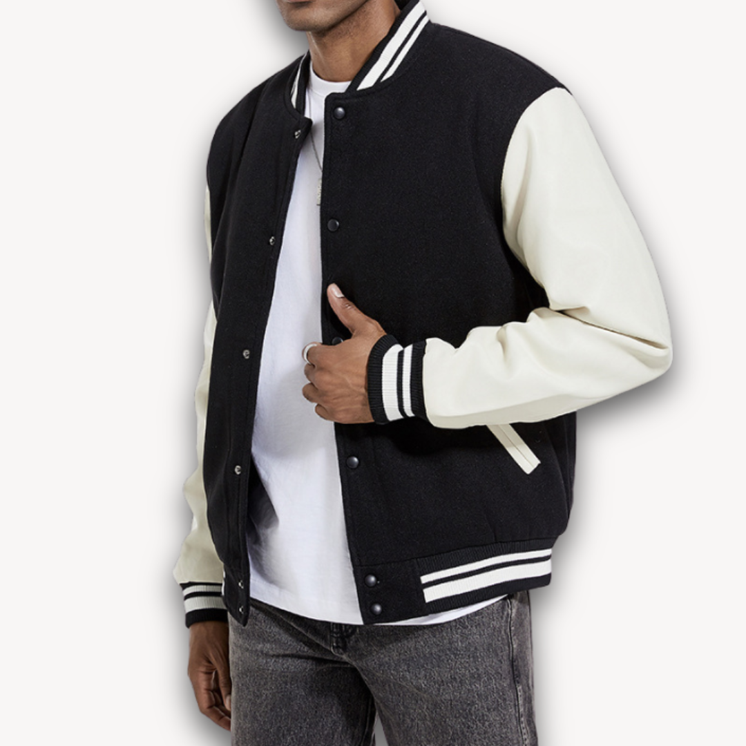 Men’s Varsity Jacket – Wool Blend Body – Faux Leather Sleeves – Classic Fit – Snap Front