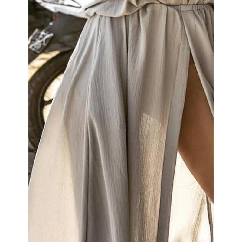 Women’s Maxi Dress – Relaxed Fit – Deep V-Neck – Front Slit – Mid Sleeves – Flowy Fabric