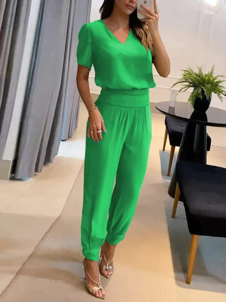 Women's Two-Piece Set – V-Neck Short Sleeve Top & Elastic Waist Pants – Relaxed Fit