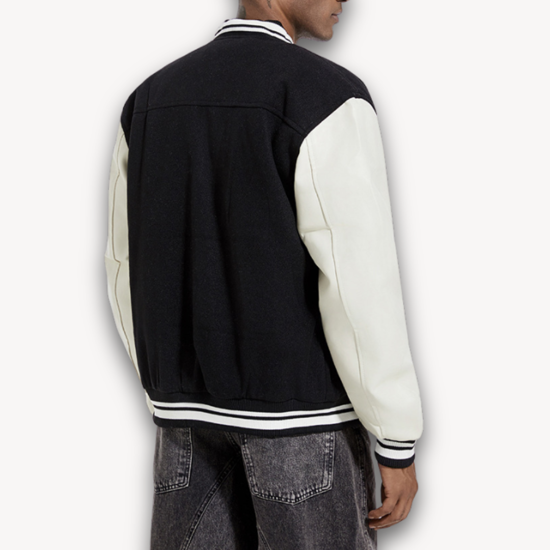Men’s Varsity Jacket – Wool Blend Body – Faux Leather Sleeves – Classic Fit – Snap Front