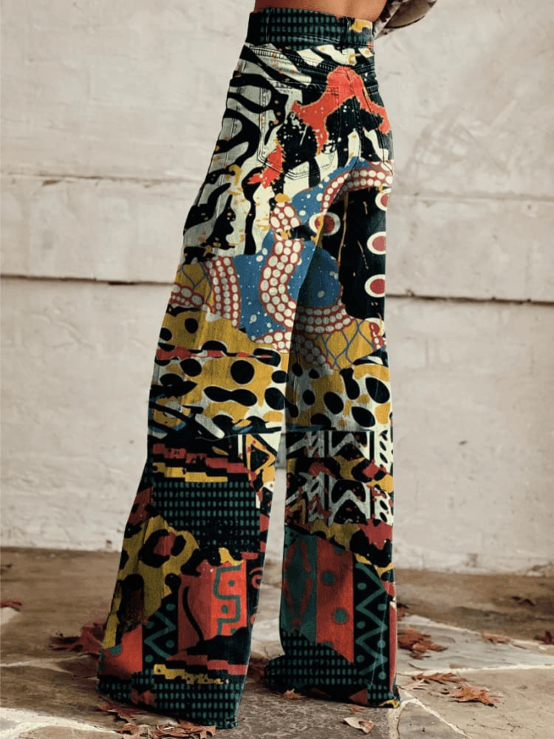 Women's Wide-Leg Trousers – High-Waisted – Statement Abstract Print – Denim Look