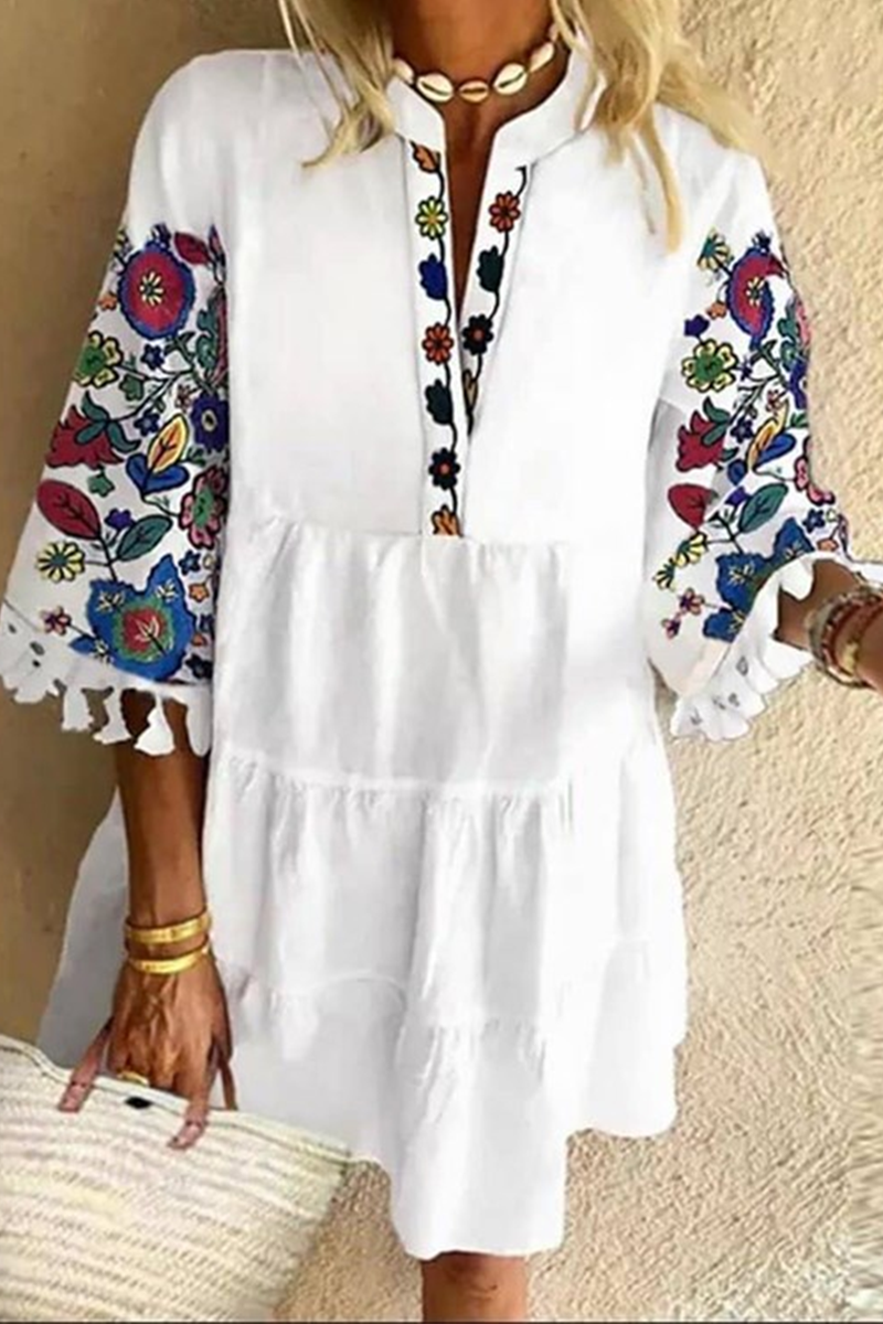 Women's Bohemian Dress - Loose Tiered Fit - Embroidered Sleeves - V-Neck Tassel Detail